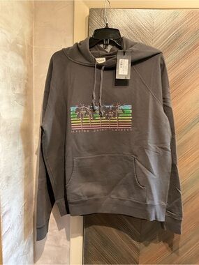 Saint Laurent Gray Malibu Palm Hoodie with Multicolor Stripe Graphic